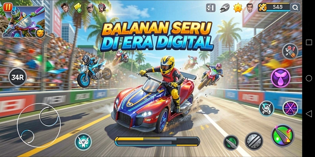 Gameplay Racing seru dengan mobil cepat dan trek menantang.