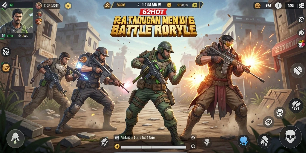 Screenshot 62HOT yang menampilkan aksi pertempuran intens dalam Battle Royale.
