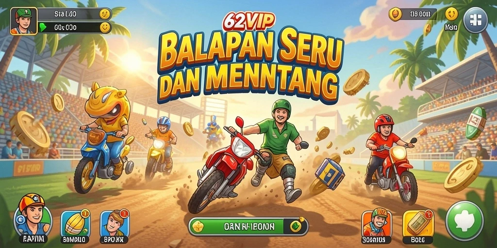 Gameplay balapan seru di 62VIP dengan mobil kustom dan trek menantang.