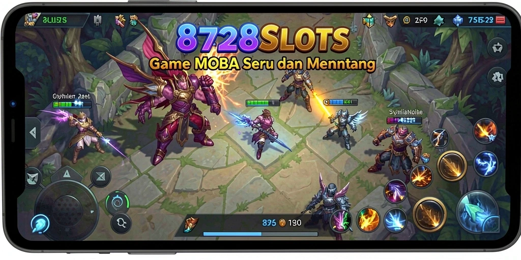 Tangkapan layar menunjukkan pertempuran dinamis dalam permainan MOBA 8728SLOTS.