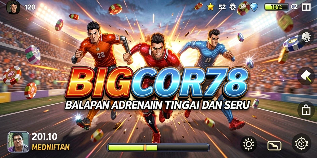 Tampilan gameplay mendebarkan di BIGCOR78 saat menjalani balapan cepat.