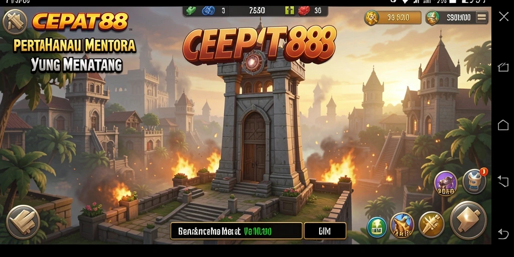 Screenshot gameplay CEPAT88 yang menampilkan menara pertahanan yang strategis.