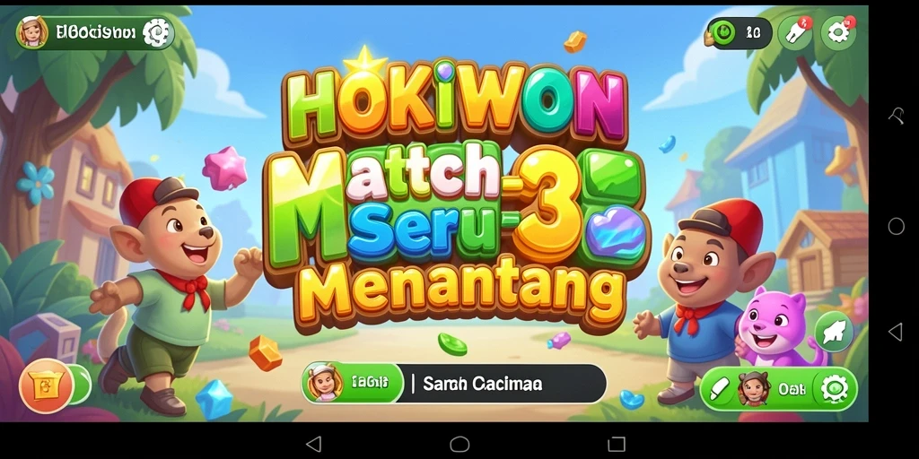 Screenshot gameplay HOKIWON yang menunjukkan level Match-3 yang penuh warna.