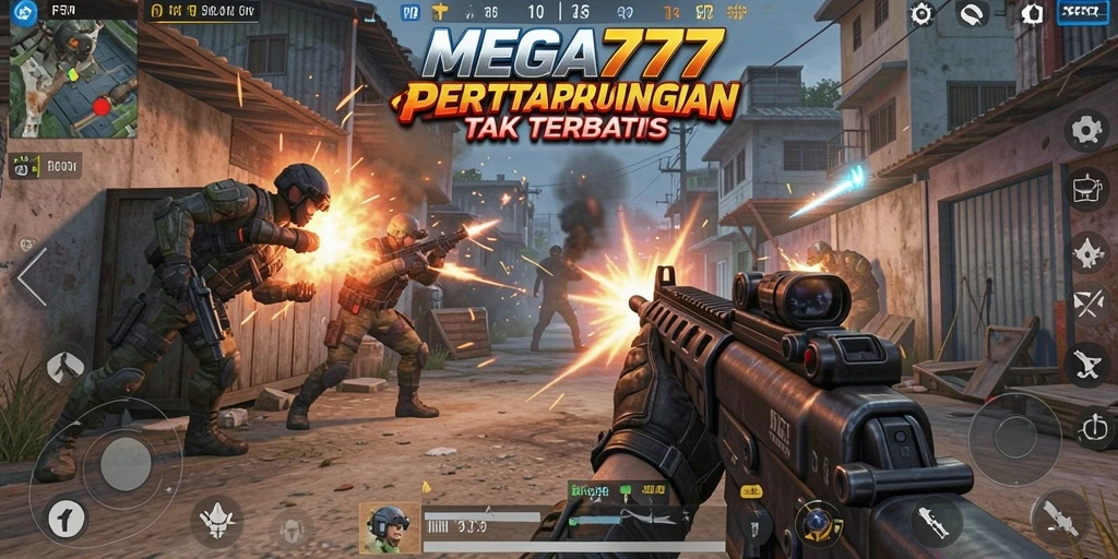 Screenshot MEGA777 yang menampilkan suasana permainan FPS yang intens.