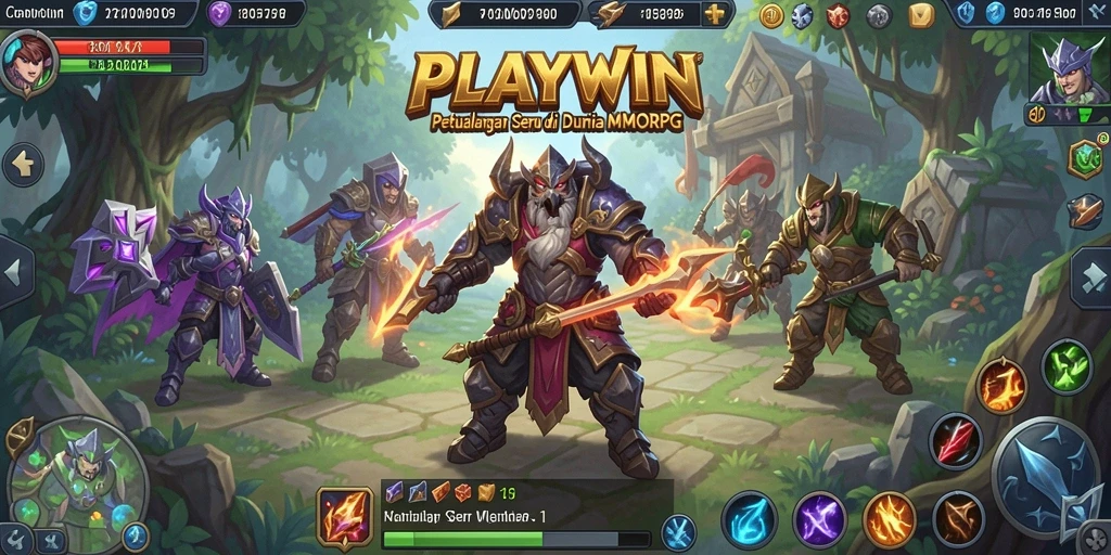 Screenshot utama PLAYWIN menunjukkan pertarungan seru dalam dunia MMORPG.