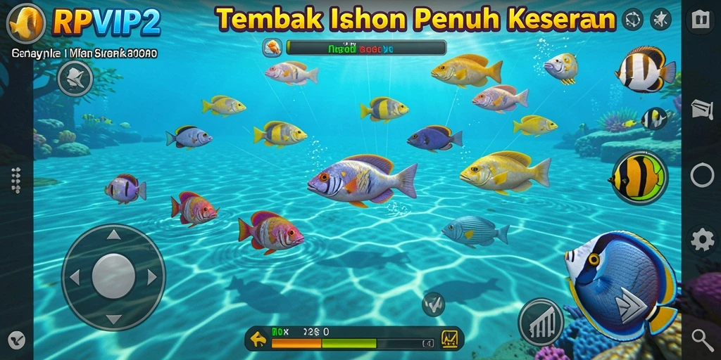 Screenshot gameplay RPVIP2 dengan aksi menembak ikan yang seru.