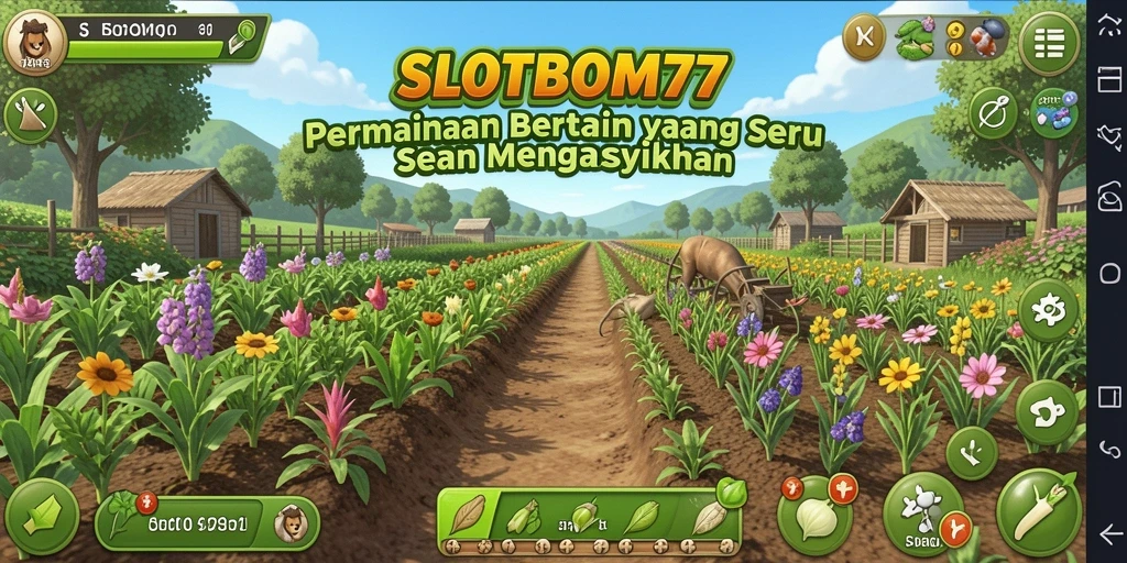 Tampilan gameplay SLOTBOM77 yang menawan dengan ladang dan tanaman subur.