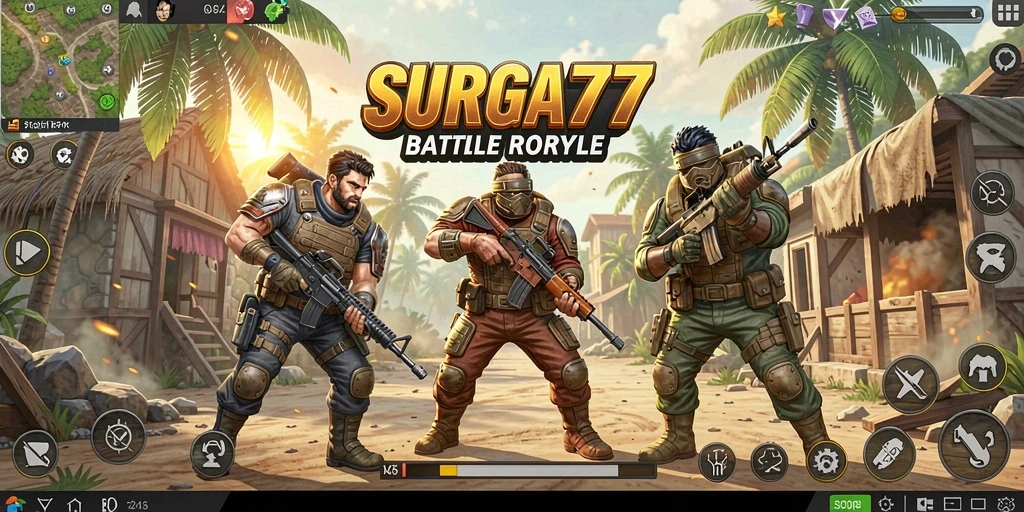 Tampilan gameplay SURGA77 dengan pertarungan seru di arena Battle Royale.