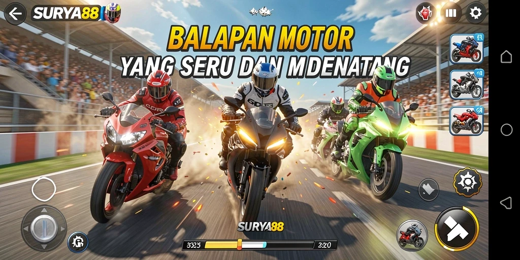 Tampilan gameplay SURYA88 dengan balapan motor yang mendebarkan.