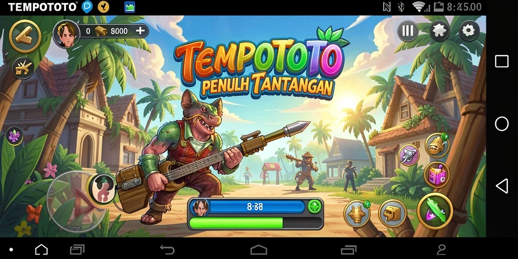 Screenshot utama TEMPOTOTO menampilkan gameplay Arcade yang seru dan penuh warna.